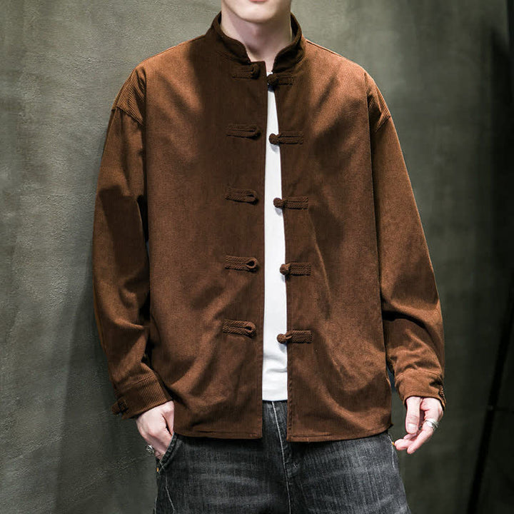Buddha Stones Veste homme décontractée automne-hiver style Tang à boutons brandebourg en coton uni - Terre de sienne - US/UK/AU46，EU56 (5XL) - image 0