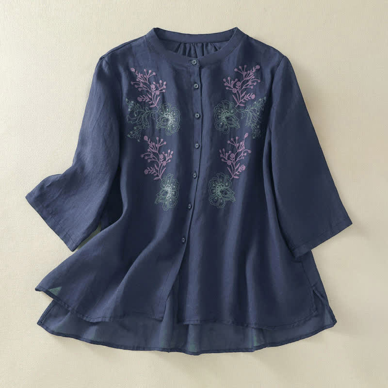 Chemise femme à broderie de Buddha Stones, col montant, manches trois-quarts, ourlet fendu sur le côté, design plissé - Bleu nuit - US8-10，UK/AU12-14，EU40-42 (2XL) - image 0