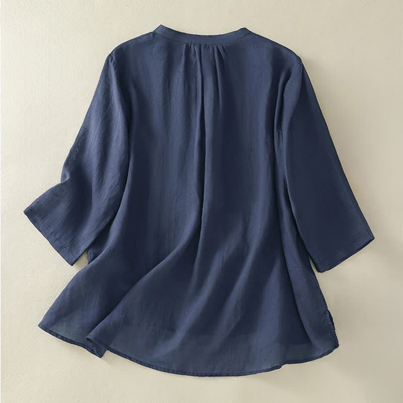 Chemise femme à broderie de Buddha Stones, col montant, manches trois-quarts, ourlet fendu sur le côté, design plissé - image 1