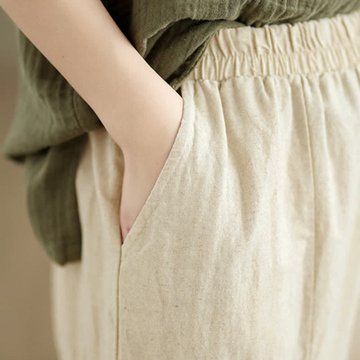 Pantalon court à jambes larges en coton uni décontracté avec empiècements en dentelle et poches, orné de Buddha Stones - image 7