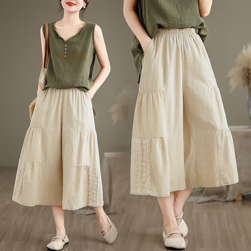 Pantalon court à jambes larges en coton uni décontracté avec empiècements en dentelle et poches, orné de Buddha Stones - image 6