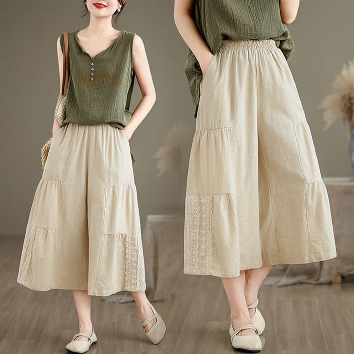 Pantalon court à jambes larges en coton uni décontracté avec empiècements en dentelle et poches, orné de Buddha Stones - image 6