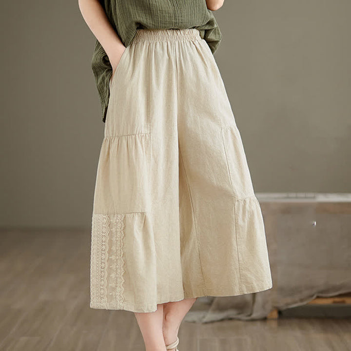 Pantalon court à jambes larges en coton uni décontracté avec empiècements en dentelle et poches, orné de Buddha Stones - image 4