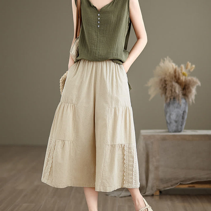 Pantalon court à jambes larges en coton uni décontracté avec empiècements en dentelle et poches, orné de Buddha Stones - image 1