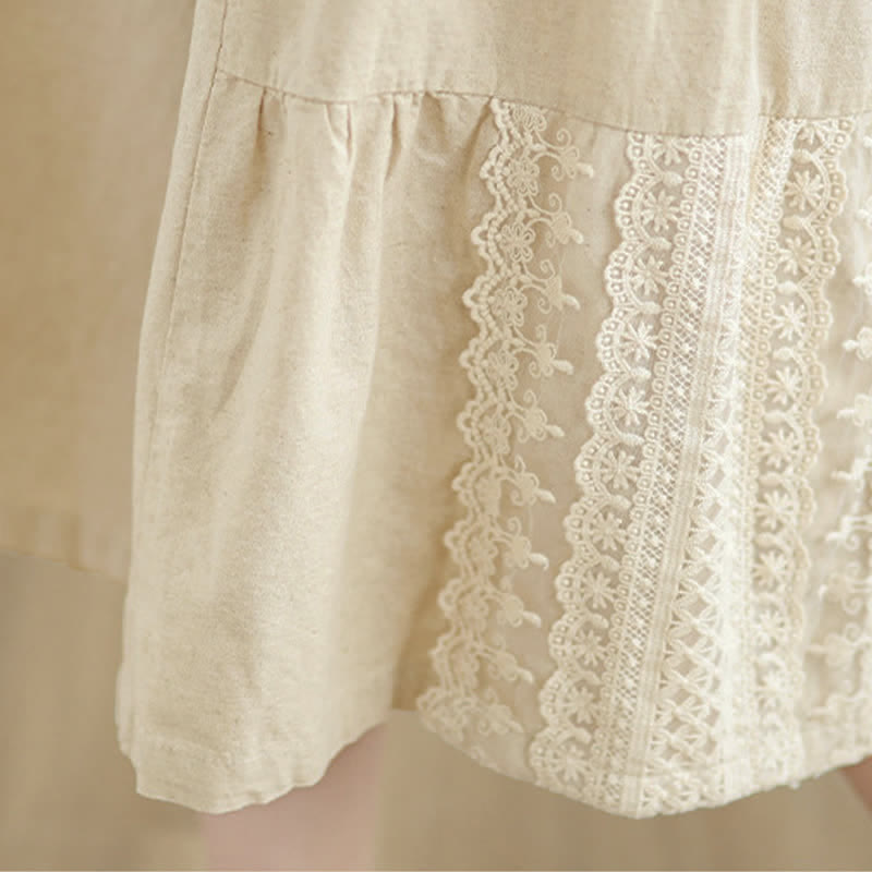 Pantalon court à jambes larges en coton uni décontracté avec empiècements en dentelle et poches, orné de Buddha Stones - image 10