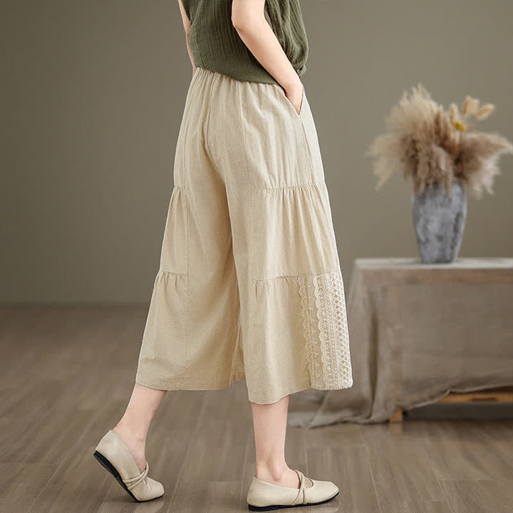 Pantalon court à jambes larges en coton uni décontracté avec empiècements en dentelle et poches, orné de Buddha Stones - image 3