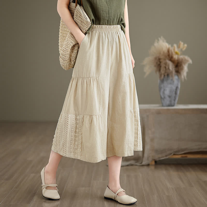 Pantalon court à jambes larges en coton uni décontracté avec empiècements en dentelle et poches, orné de Buddha Stones - Beige - US8-10，UK/AU12-14，EU40-42 (2XL) - image 0
