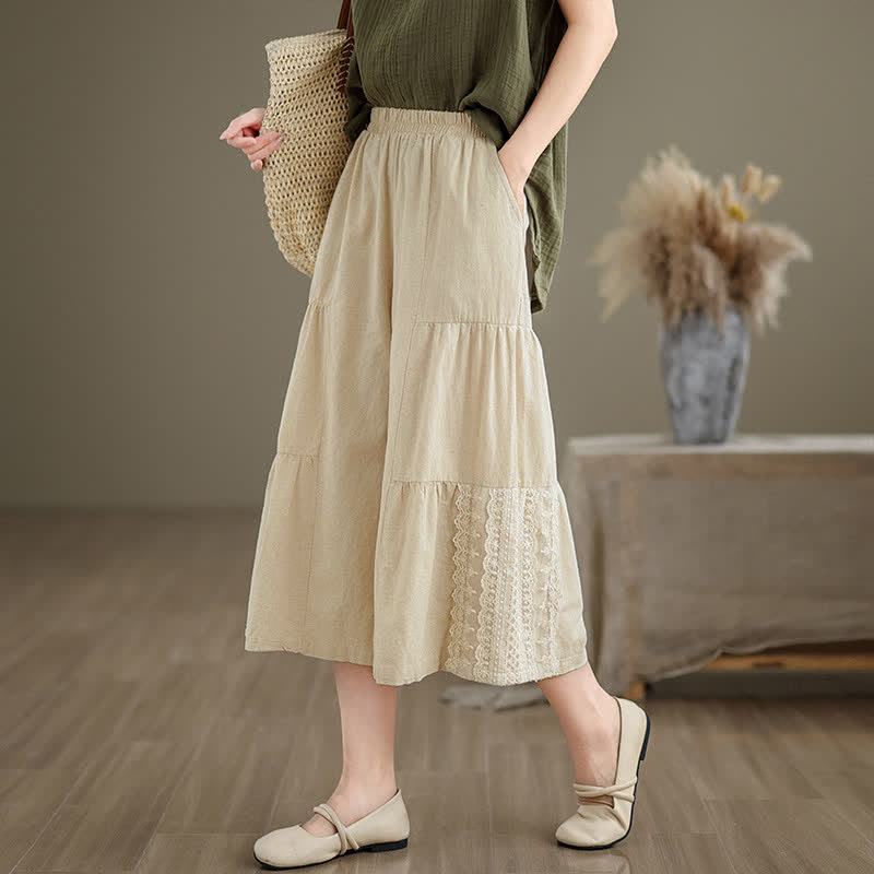 Pantalon court à jambes larges en coton uni décontracté avec empiècements en dentelle et poches, orné de Buddha Stones - image 2