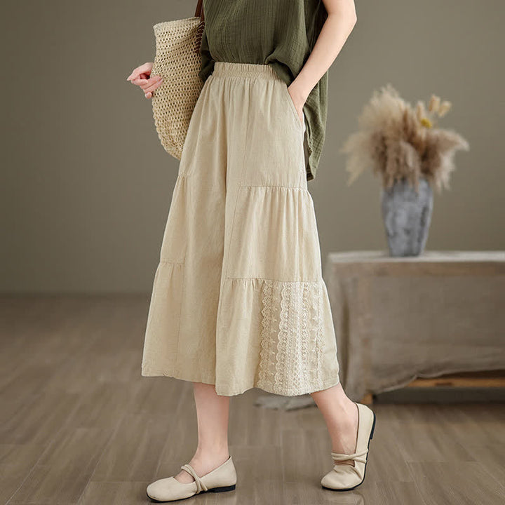 Pantalon court à jambes larges en coton uni décontracté avec empiècements en dentelle et poches, orné de Buddha Stones - image 2