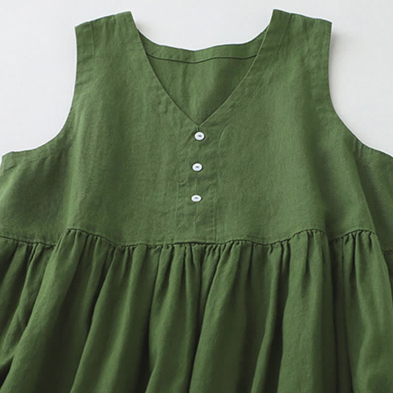 Robe midi sans manches Buddha Stones, couleur unie, col en V, boutons simples, style décontracté. - image 11