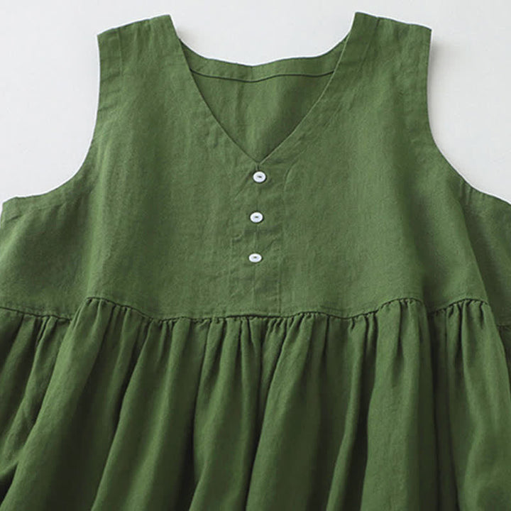 Robe midi sans manches Buddha Stones, couleur unie, col en V, boutons simples, style décontracté. - image 11