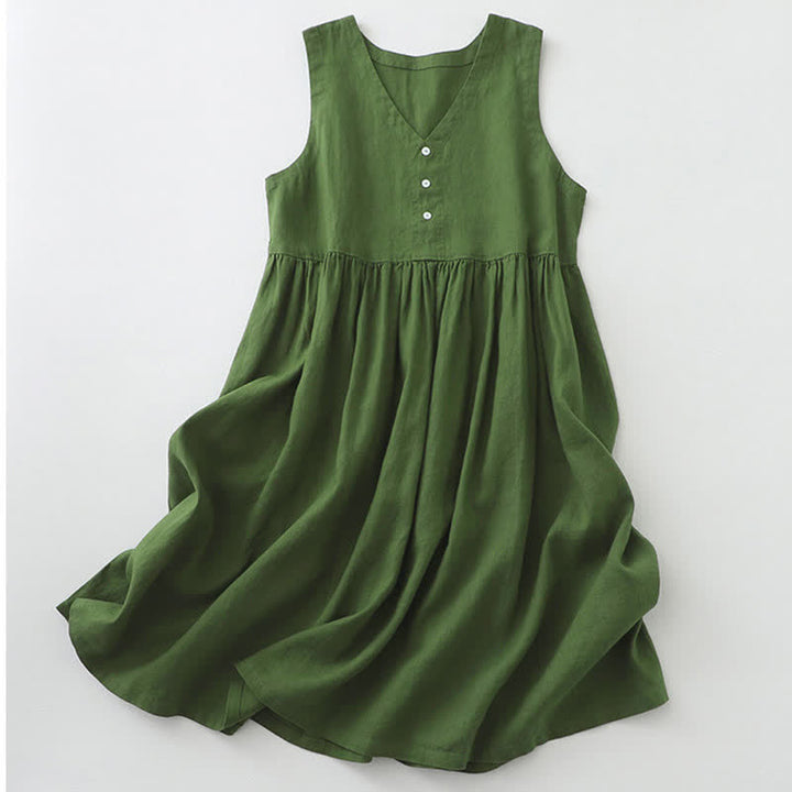 Robe midi sans manches Buddha Stones, couleur unie, col en V, boutons simples, style décontracté. - Vert foncé - US12，UK/AU16，EU44 (2XL) - image 10