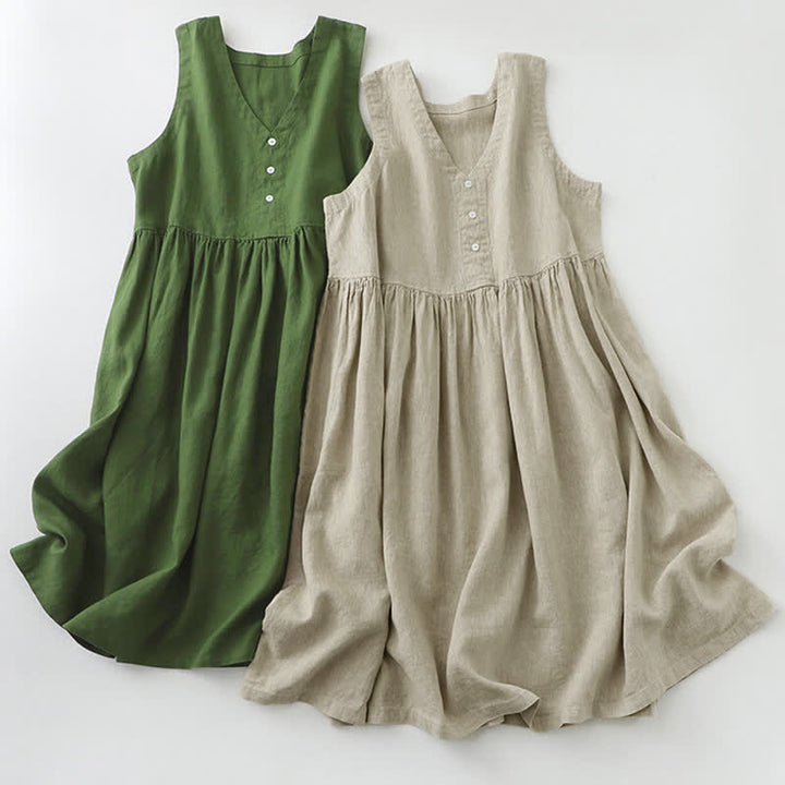 Robe midi sans manches Buddha Stones, couleur unie, col en V, boutons simples, style décontracté. - image 16