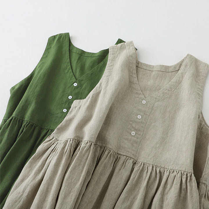 Robe midi sans manches Buddha Stones, couleur unie, col en V, boutons simples, style décontracté. - image 17