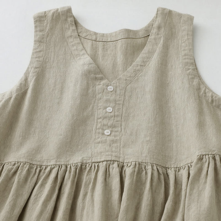 Robe midi sans manches Buddha Stones, couleur unie, col en V, boutons simples, style décontracté. - image 2