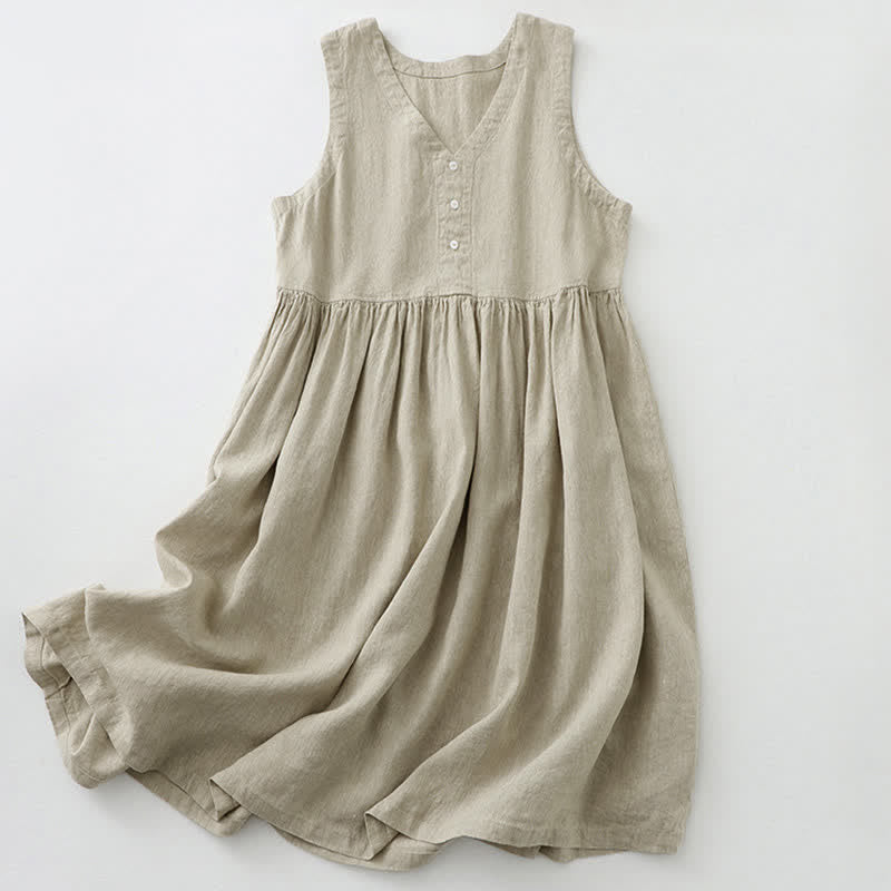 Robe midi sans manches Buddha Stones, couleur unie, col en V, boutons simples, style décontracté. - Lin - US12，UK/AU16，EU44 (2XL) - image 0