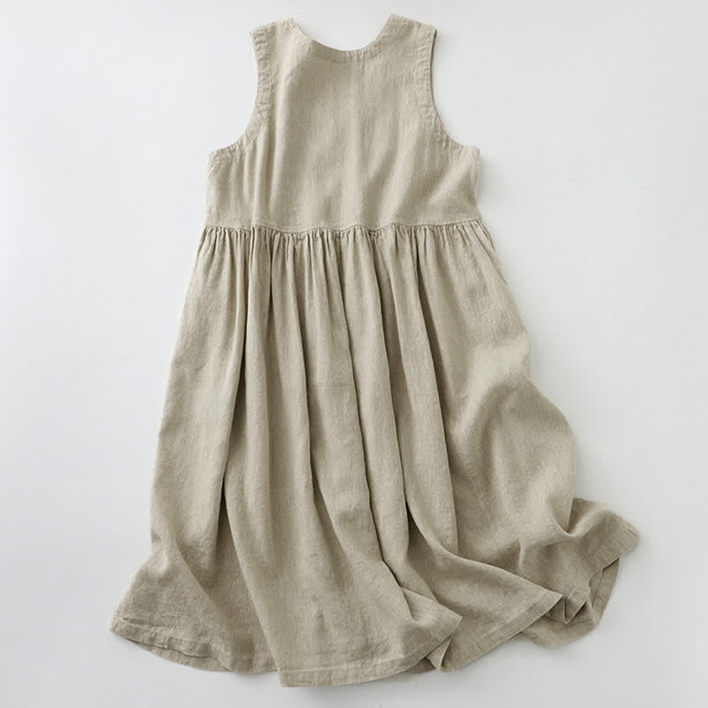Robe midi sans manches Buddha Stones, couleur unie, col en V, boutons simples, style décontracté. - image 1