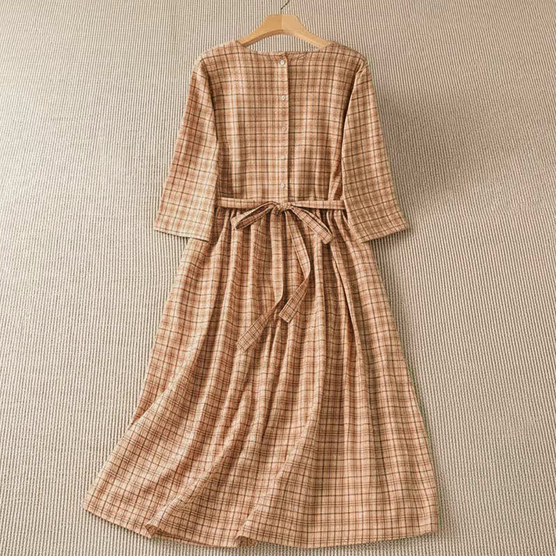 Buddha Stones Robe d'été décontractée à carreaux vintage pour femme, manches trois-quarts, avec poche - image 1