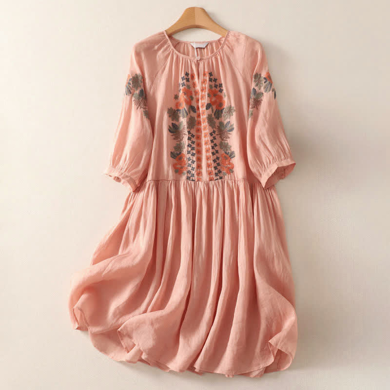 Buddha Stones Robe d'été bohème à broderies florales et manches trois-quarts pour femme - Saumon clair - US12, UK/AU16, EU44 (2XL) - image 0