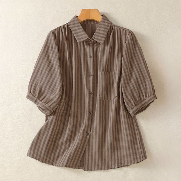 Buddha Stones Chemises d'été décontractées à rayures, manches courtes, boutonnées, avec poche plaquée - SaddleBrown - US12, UK/AU16, EU44 (3XL) - image 14