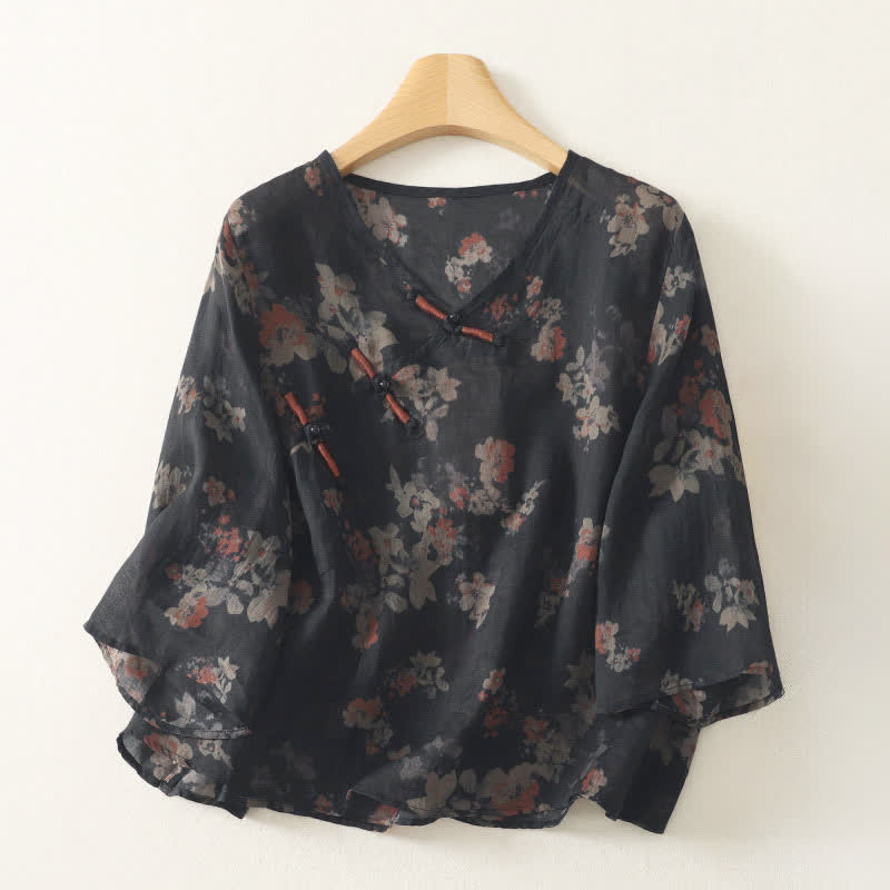 Buddha Stones Chemises d'été style Tang vintage à col en V, à boutons grenouille et à fleurs, manches 3/4 pour femmes - Noir - US12, UK/AU16, EU44 (3XL) - image 0