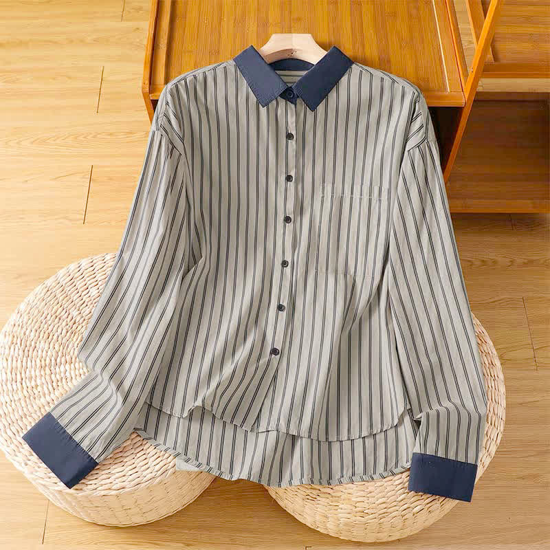 Buddha Stones Chemises à manches longues pour femmes, style minimaliste décontracté printemps-été, à rayures et finitions contrastées, avec poche plaquée. - Gainsboro - US12, UK/AU16, EU44 (2XL) - image 1