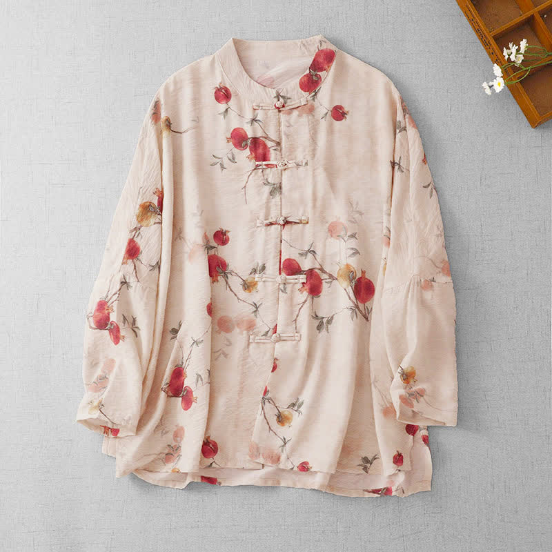Chemises à manches longues pour femmes, style Tang, style vintage, à boutons grenouille et imprimé grenade, Buddha Stones - Beige - US14, UK/AU18, EU46 (2XL) - image 0