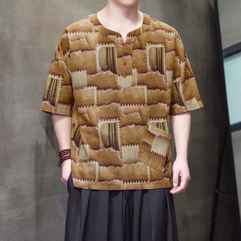 Buddha Stones Chemises d'été décontractées bohèmes à carreaux patchwork, manches courtes et poches plaquées pour hommes - image 10