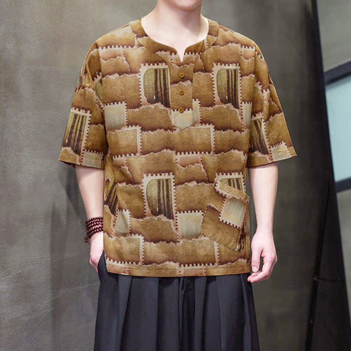 Buddha Stones Chemises d'été décontractées bohèmes à carreaux patchwork, manches courtes et poches plaquées pour hommes - image 10