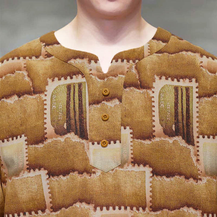 Buddha Stones Chemises d'été décontractées bohèmes à carreaux patchwork, manches courtes et poches plaquées pour hommes - image 18
