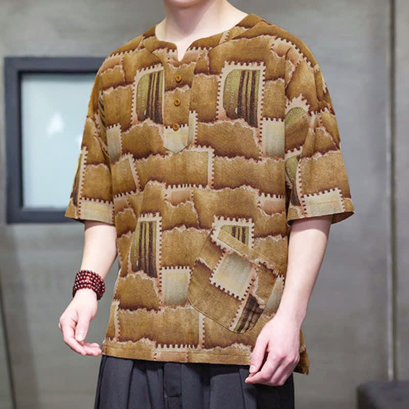 Buddha Stones Chemises d'été décontractées bohèmes à carreaux patchwork, manches courtes et poches plaquées pour hommes - DarkGoldenrod - US/UK/AU46, EU56 (5XL) - image 9