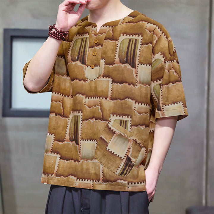 Buddha Stones Chemises d'été décontractées bohèmes à carreaux patchwork, manches courtes et poches plaquées pour hommes - image 11