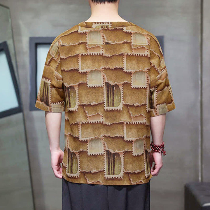 Buddha Stones Chemises d'été décontractées bohèmes à carreaux patchwork, manches courtes et poches plaquées pour hommes - image 13