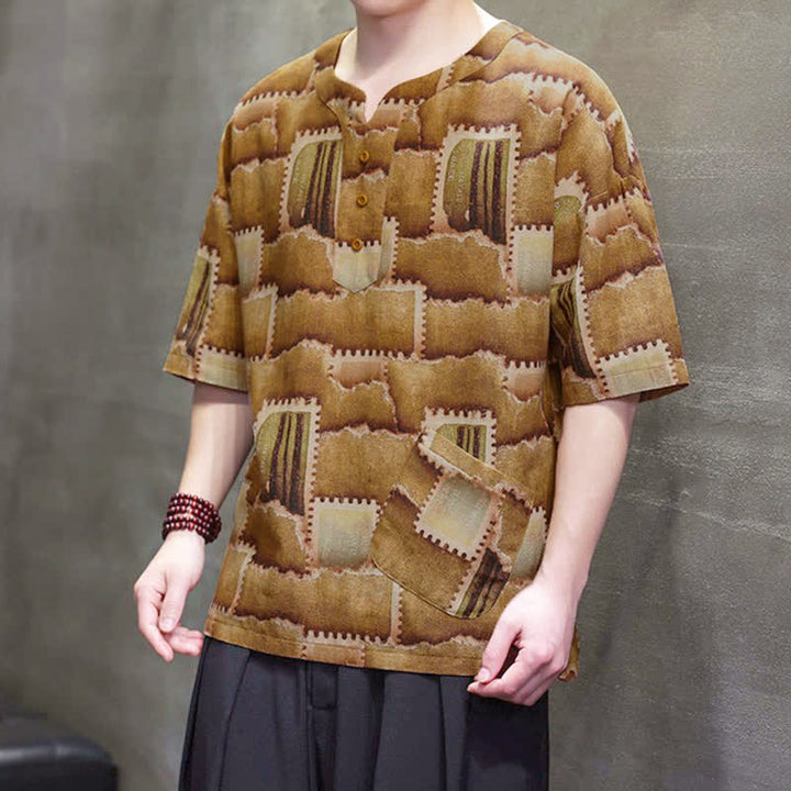 Buddha Stones Chemises d'été décontractées bohèmes à carreaux patchwork, manches courtes et poches plaquées pour hommes - image 17