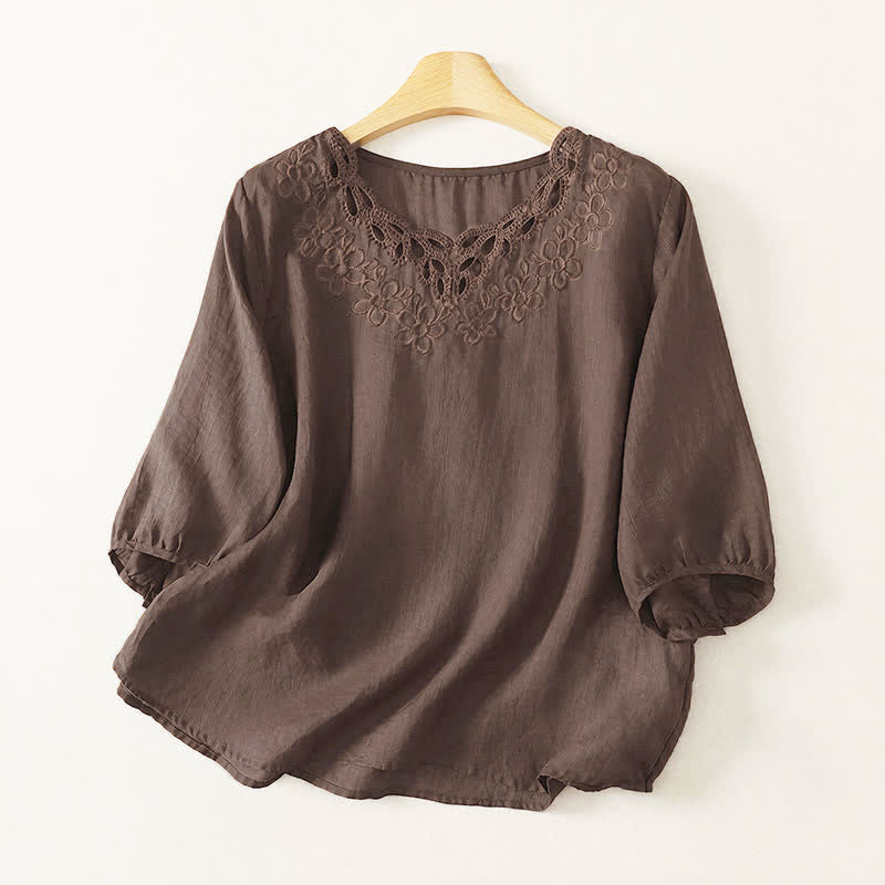 Buddha Stones T-shirt femme printemps-été décontracté vintage à col rond et broderie unie à manches trois-quarts - SaddleBrown - US12, UK/AU16, EU44 (2XL) - image 0