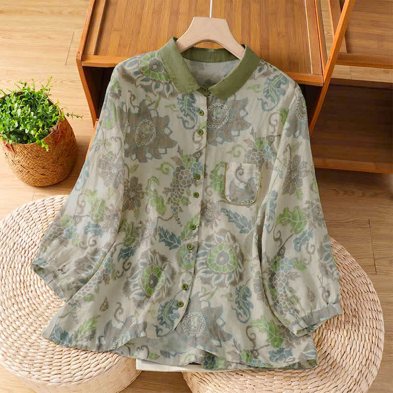 Buddha Stones Chemises à manches longues boutonnées à fleurs pour femmes, style vintage décontracté printemps-été, avec poche - Vert foncé - US8-10, UK/AU12-14, EU40-42 (2XL) - image 0
