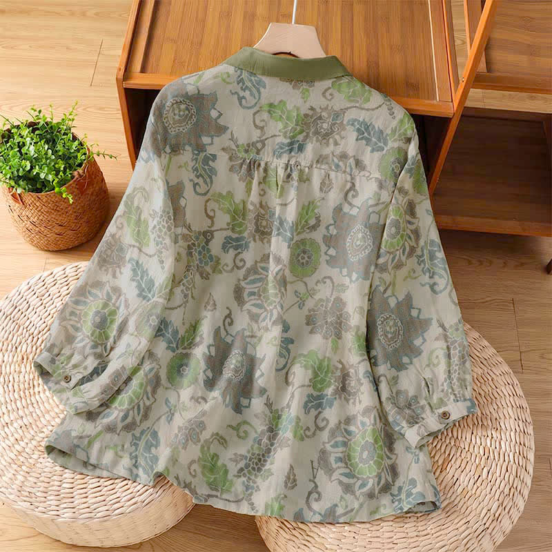 Buddha Stones Chemises à manches longues boutonnées à fleurs pour femmes, style vintage décontracté printemps-été, avec poche - image 1