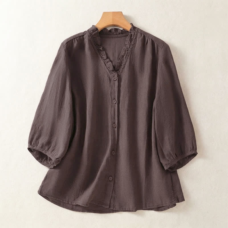 Buddha Stones Chemises à manches courtes unies à boutons pour femmes, style décontracté printemps-été - SaddleBrown - US8-10, UK/AU12-14, EU40-42 (2XL) - image 0