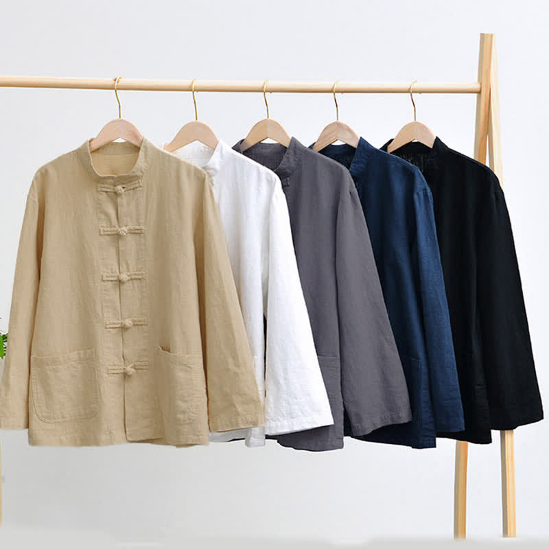 Chemise homme en coton et lin, style Tang, avec poches, à boutons grenouille et motifs de Buddha Stones - image 1