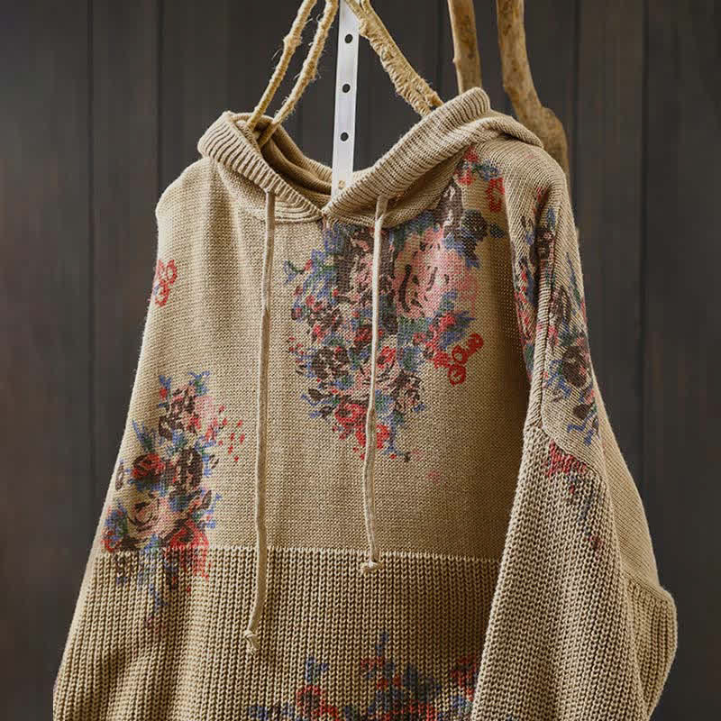 Pull à capuche à manches longues en maille florale Buddha Stones pour femme - image 1