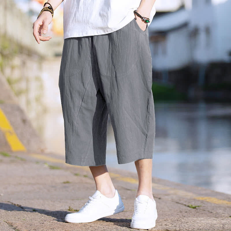 Pantalon d'été pour homme, coupe simple, plissé, cordon de serrage, longueur 7-8, avec poches, motif Buddha Stones - Gris - US/UK/AU46，EU56 (5XL) - image 0