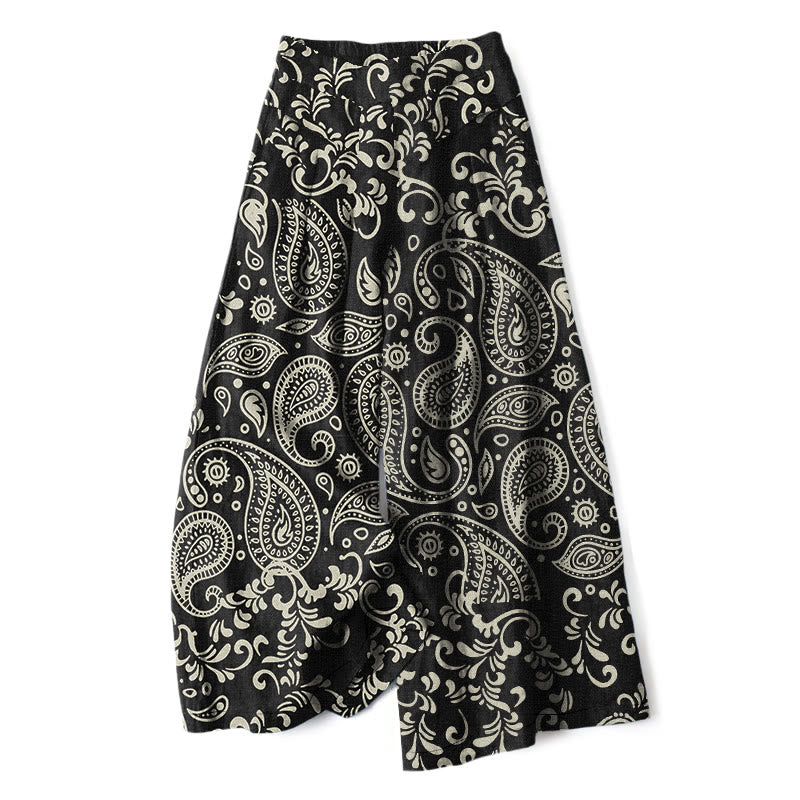 Buddha Stones Pantalon large pour femme en coton et lin à motif cachemire vintage, taille élastique et poches - Noir - US16，UK/AU20，EU48 (3XL) - image 0