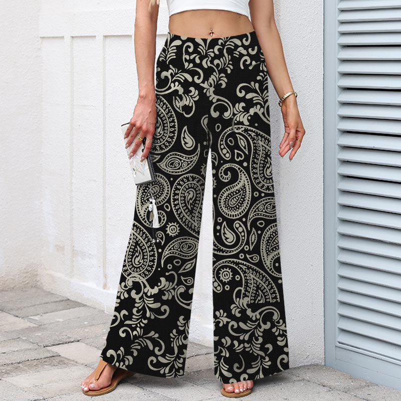 Buddha Stones Pantalon large pour femme en coton et lin à motif cachemire vintage, taille élastique et poches - image 1