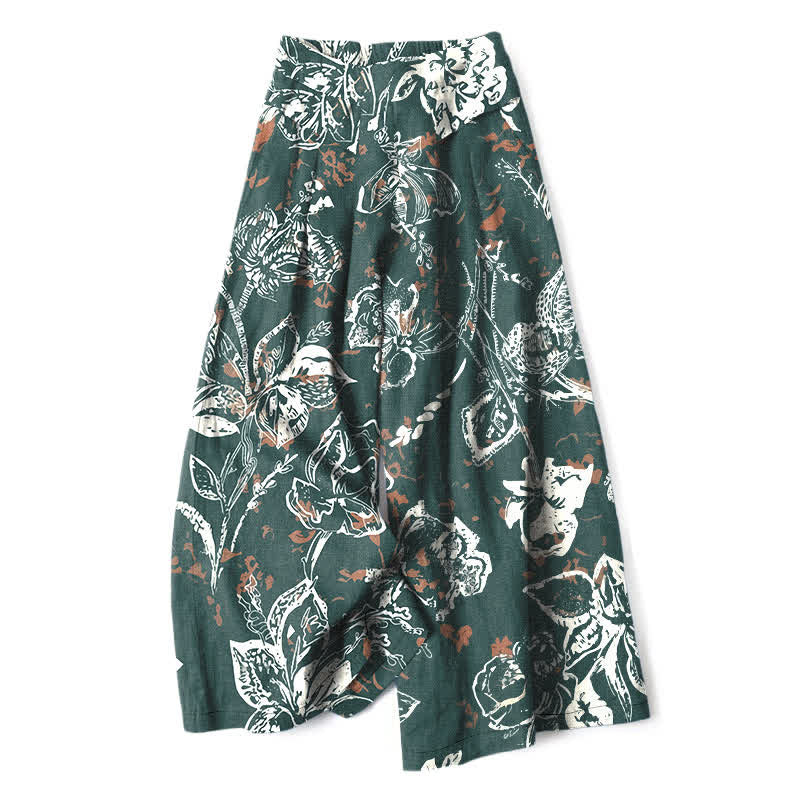 Buddha Stones Pantalon large pour femme en coton et lin blanc vintage à motif floral et taille élastique, avec poches - Sarcelle - US16，UK/AU20，EU48 (3XL) - image 0
