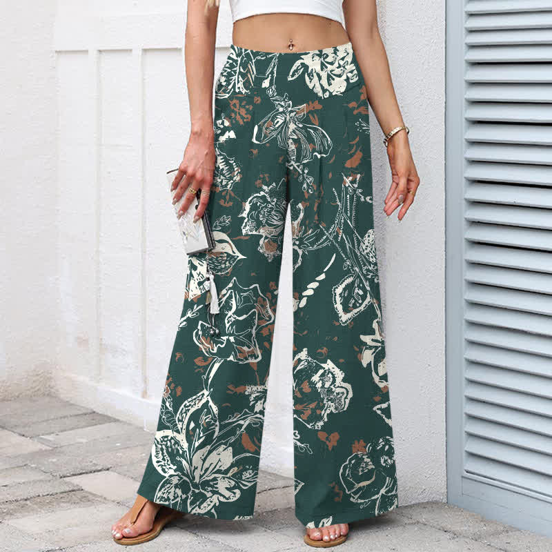 Buddha Stones Pantalon large pour femme en coton et lin blanc vintage à motif floral et taille élastique, avec poches - image 1