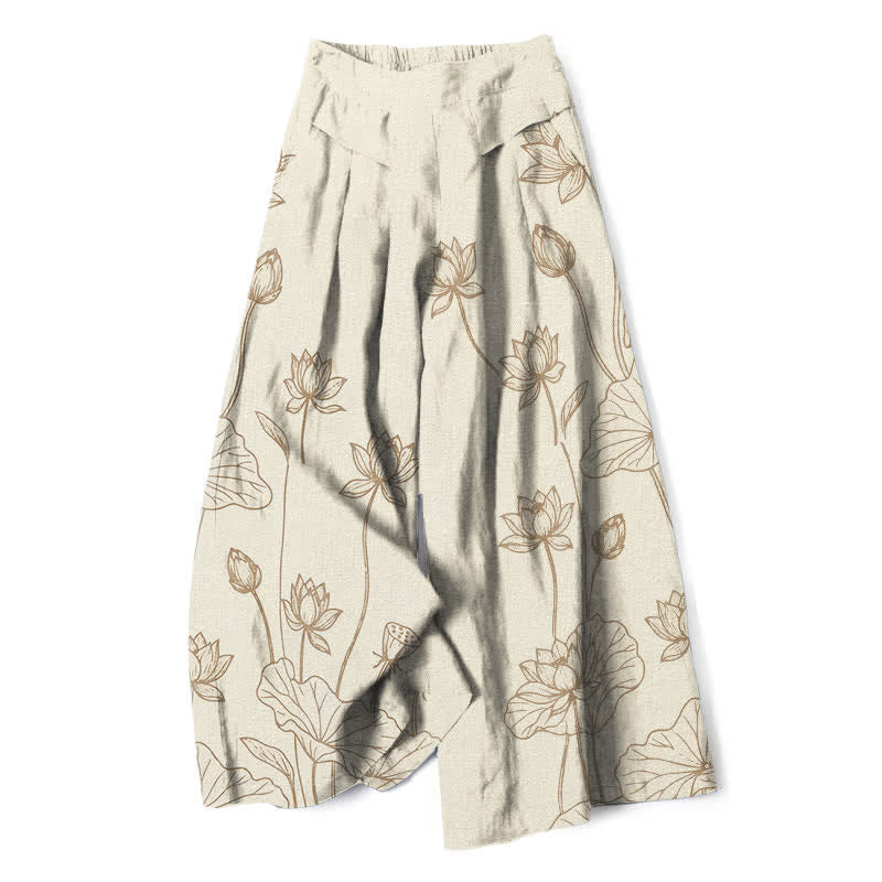 Buddha Stones Pantalon large en coton et lin à motif lotus vintage, taille élastique et poches, pour femme - Beige - US16，UK/AU20，EU48 (3XL) - image 0