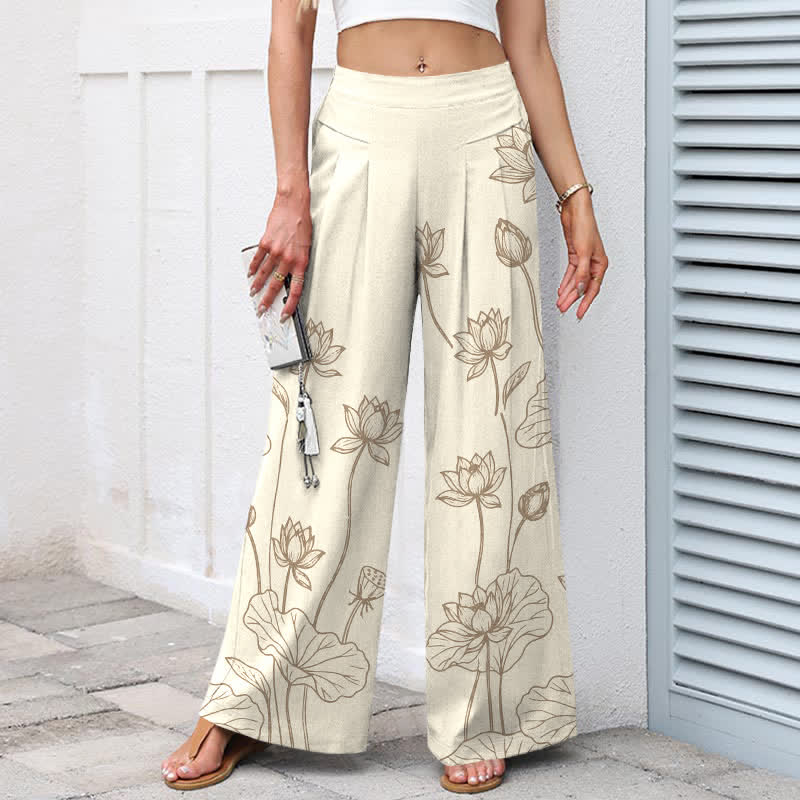 Buddha Stones Pantalon large en coton et lin à motif lotus vintage, taille élastique et poches, pour femme - image 1