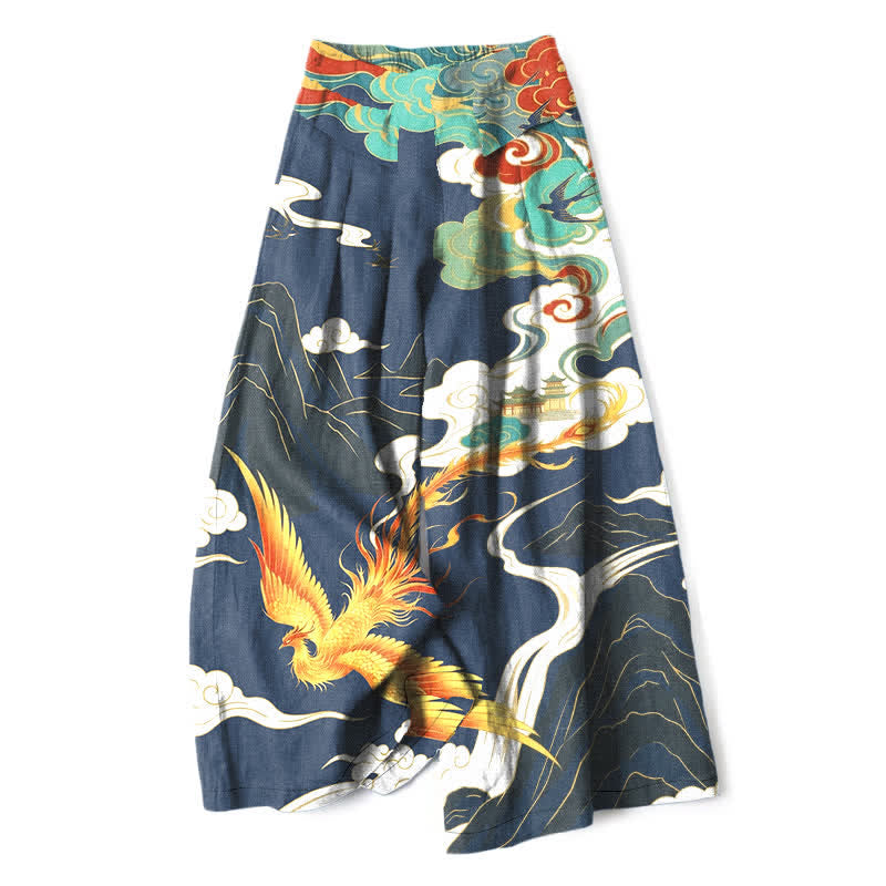 Buddha Stones Pantalon large en coton et lin à motif nuage de phénix pour femme, taille élastique et poches - Marine - US16，UK/AU20，EU48 (3XL) - image 0