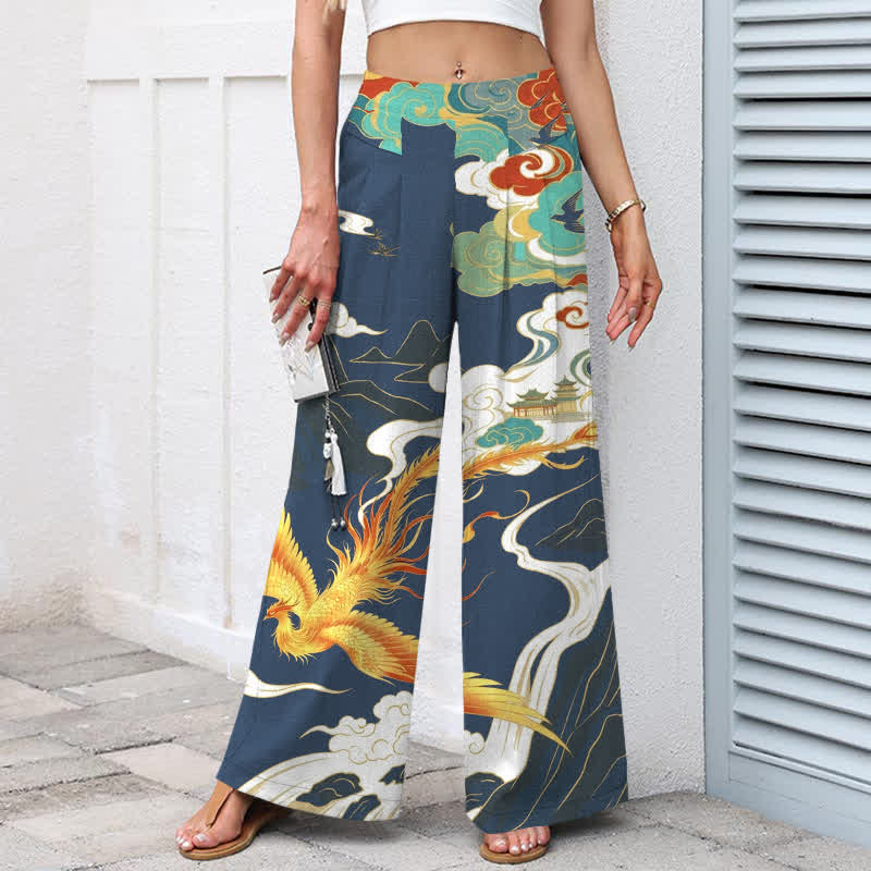 Buddha Stones Pantalon large en coton et lin à motif nuage de phénix pour femme, taille élastique et poches - image 1