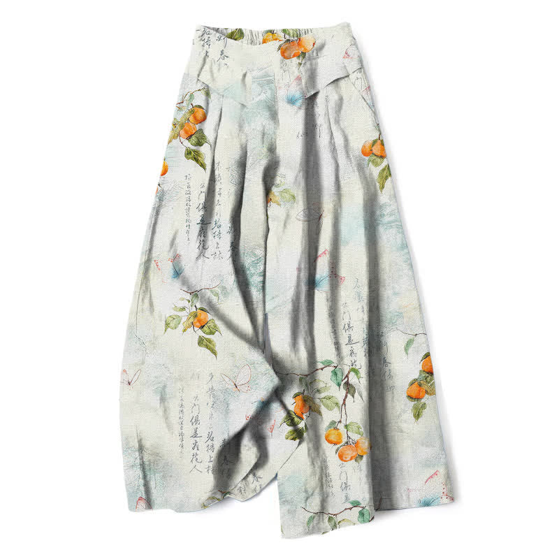 Buddha Stones Pantalon large en coton et lin à motif papillons et agrumes vintage, avec poches et taille élastique - Azuré - US16，UK/AU20，EU48 (3XL) - image 0
